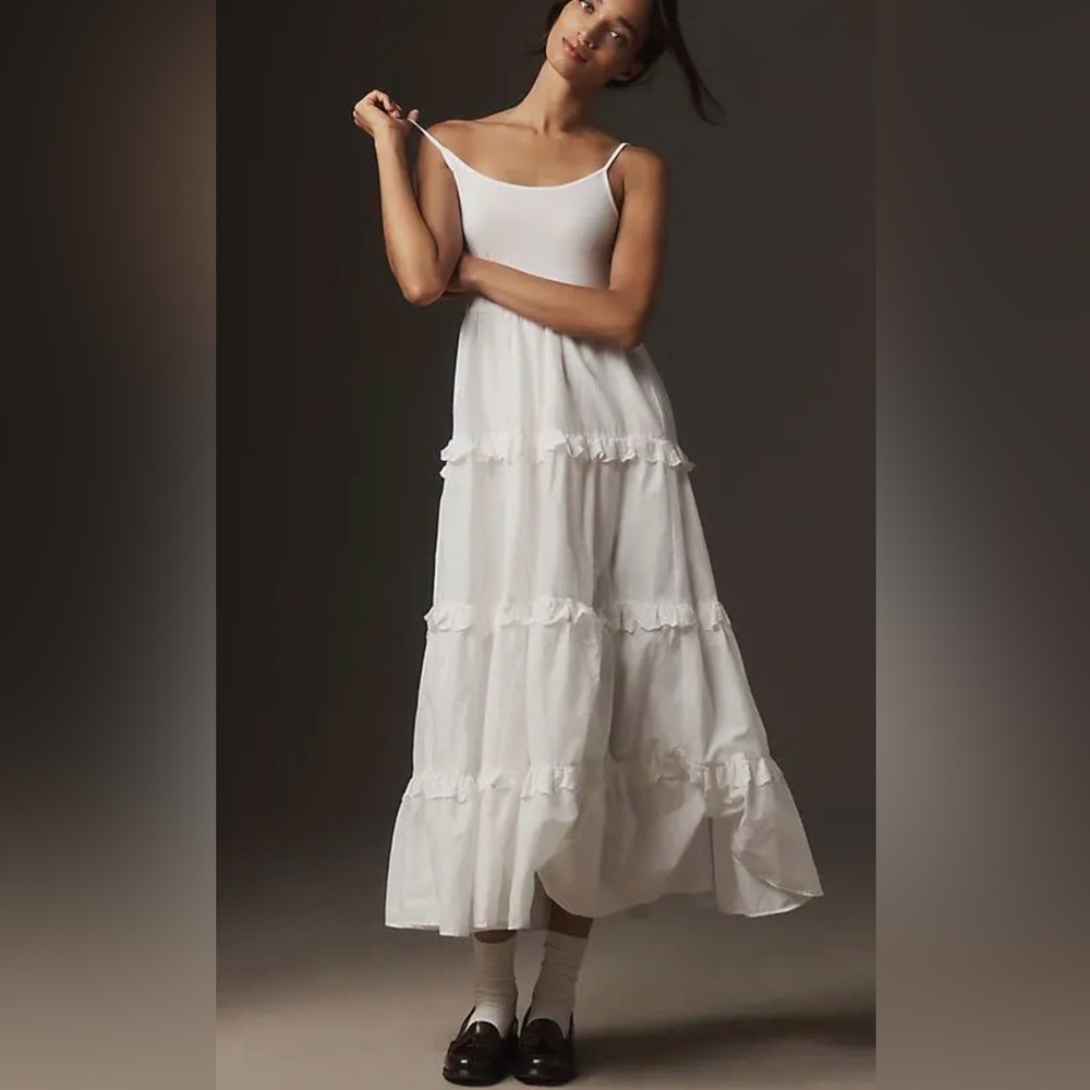 Anthropologie White Tiered Ruffle Maxi Slip Dress